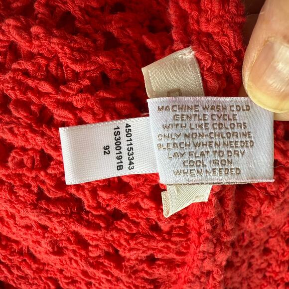 Chicos Open Knit Red Sweater Size 1 M/8 Crochet Pullover Lightweight Holiday SEE - Picture 9 of 9